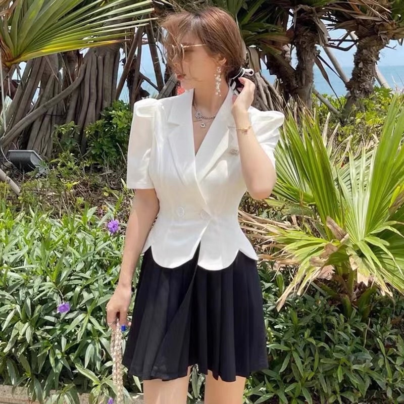 Set áo vest tay cộc mix chân váy xếp ly - Hàng Quảng Châu loại 1 (Hình thật), Set đồ xinh ulzzang style