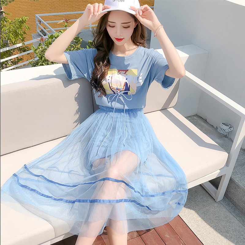 Đầm tay ngắn in hình trẻ trung + chân váy lưới thời trang mùa hè cho nữ | BigBuy360 - bigbuy360.vn
