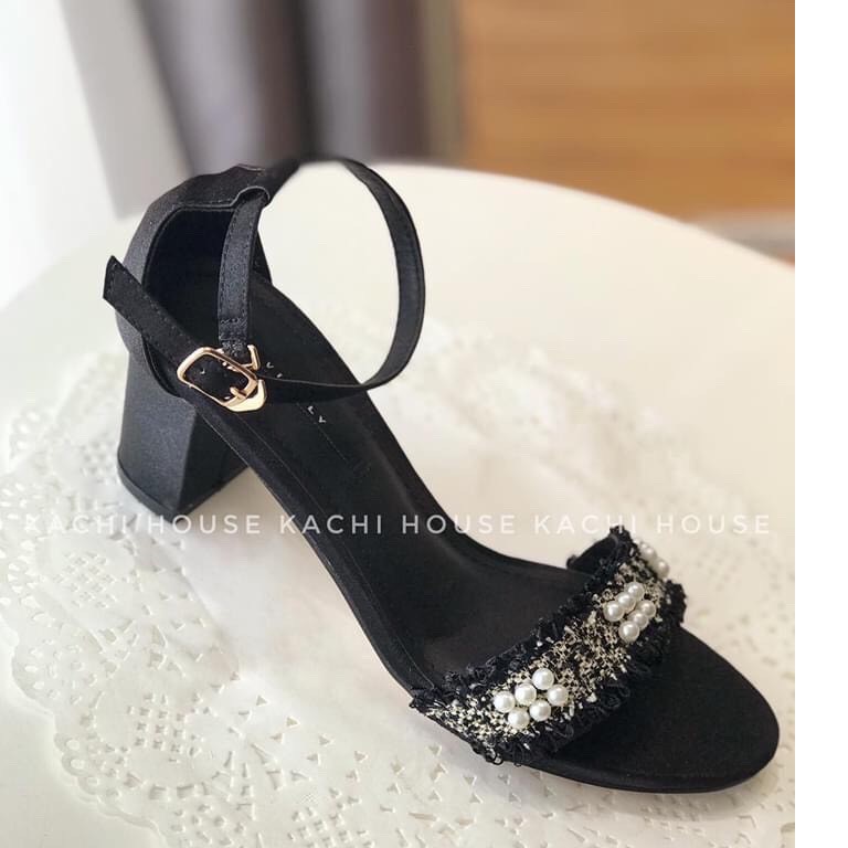 GIÀY CAO GÓT NỮ QUAI NGANG CHẤT XÙ ĐÍNH HẠT MŨI TRÒN 7 PHÂN HOT SANDAL 2021 ( NEW )