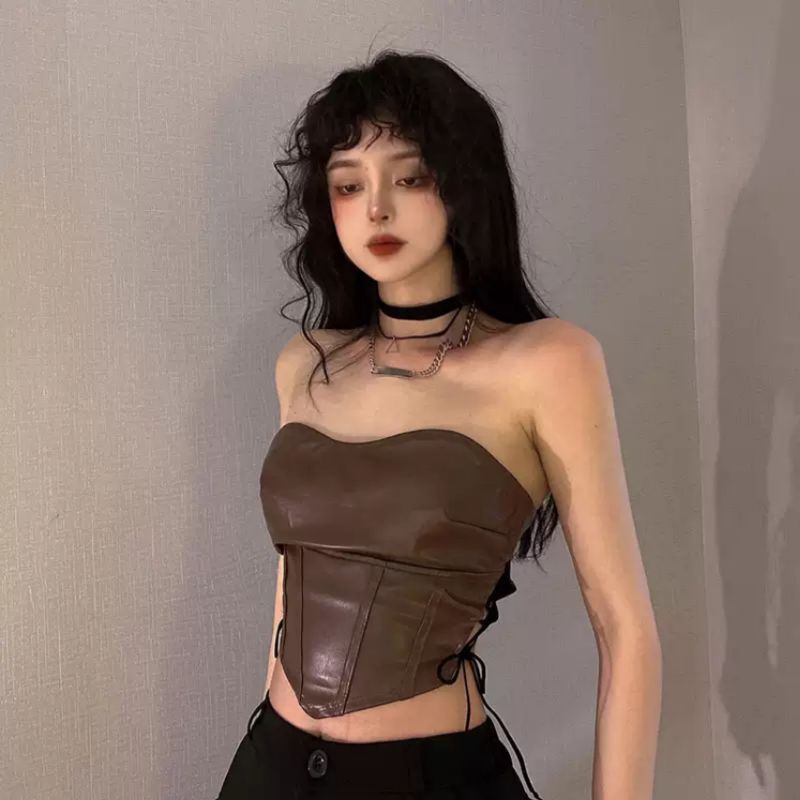 CORSET NÂU CHẤT DA HIPHOP / ÁO CROPTOP NỮ PHONG CÁCH EGIRLS SEXY / ÁO QUÂY CÚP NGƯC