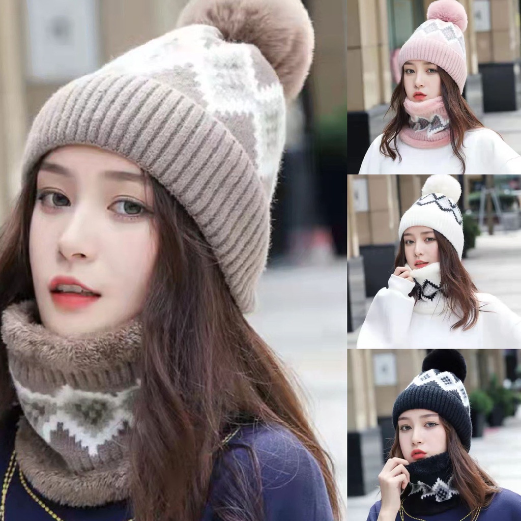 Bộ Mũ Beanie Và Khăn Choàng Cổ Co Giãn Đáng Yêu Cho Nữ