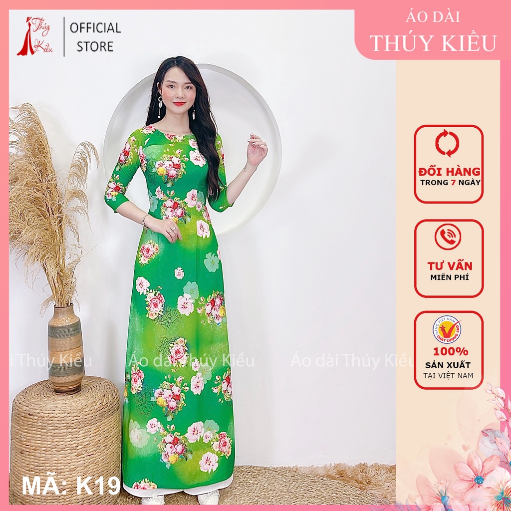 Áo dài truyền thống nữ thiết kế may sẵn tết cách tân nữ nền xanh hoa hồng K19 Thúy Kiều mềm mại co giãn áo dài giá rẻ