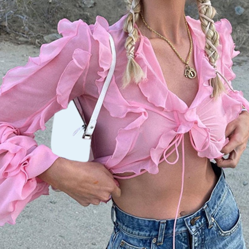 Áo Croptop Mỏng Nhẹ Tay Dài Cột Dây Thời Trang Xinh Xắn Cho Nữ