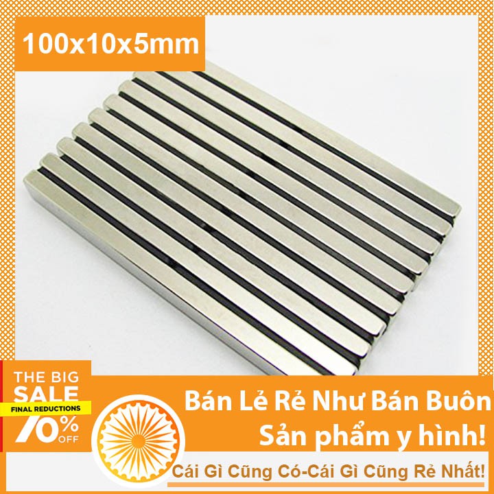 Nam châm đất hiếm 100x10x5mm mạ Niken lực từ N35