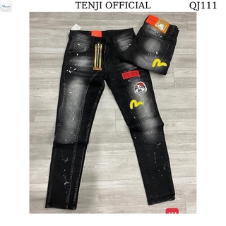 Quần jean nam đen TENJI QJ111 chất bò co dãn họa tiết thêu, khóa dọc cá tính kiểu dáng kinny size (28-32+34)