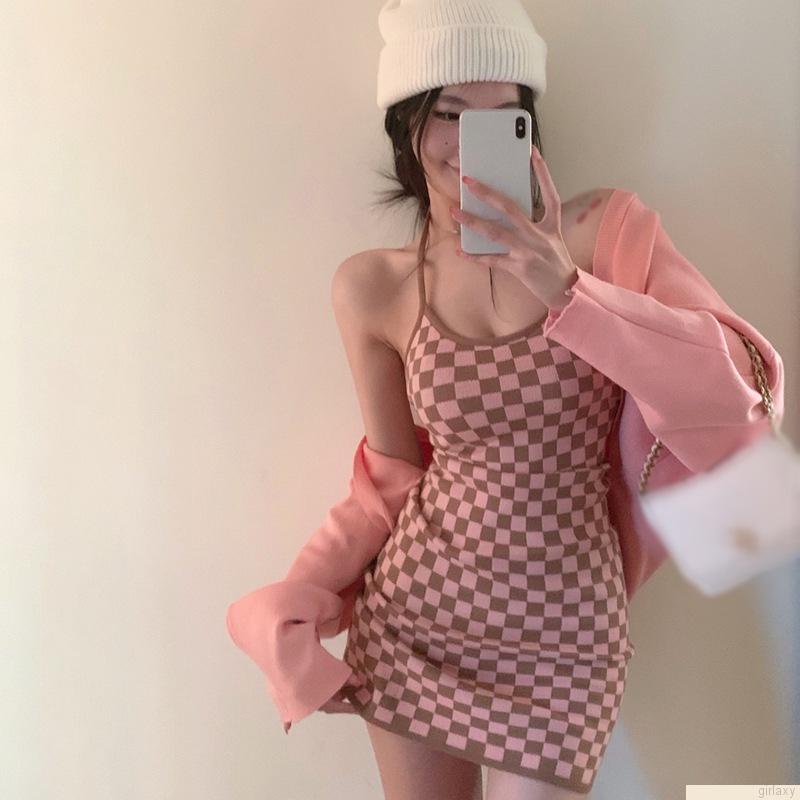 Đầm ngắn ôm dáng không tay in họa tiết caro phong cách Hàn Quốc quyến rũ cho nữ