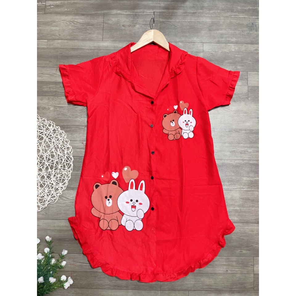 Đầm sơ mi ngủ vải lụa hàn siêu mát , thoải mái , họa tiết mấy con vật siêu xinh freesize dưới 57kg