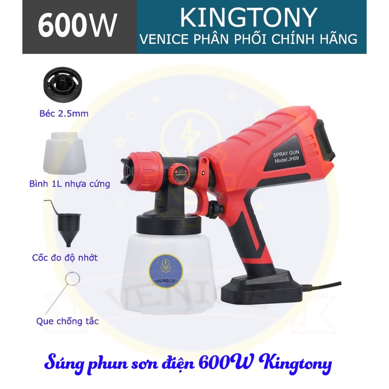 Súng phun sơn điện 600W KINGTONY - Bình 1L - Béc 2.5mm - Đầu phun nhôm - VENICE PHÂN PHỐI CHÍNH HÃNG - BẢO HÀNH 12 THÁNG
