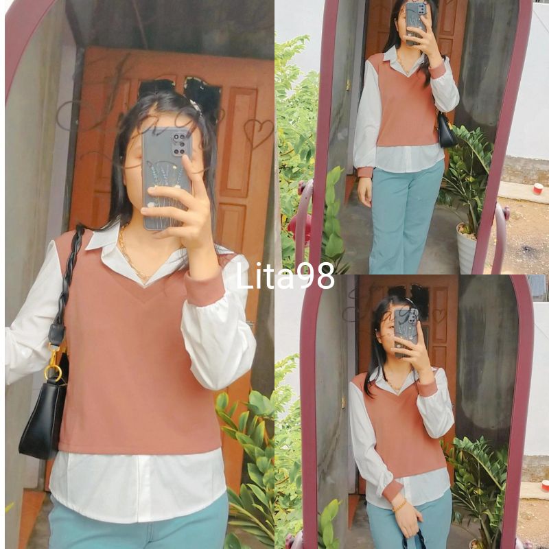 Áo sơ mi trắng kèm gile len nâu siêu xinh kèm ảnh thật