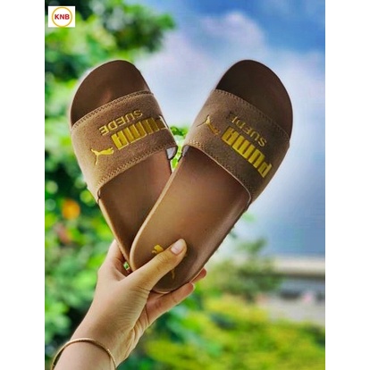 Dép 𝐏𝐔𝐌𝐀 ❤️FREESHIP + Hộp❤️ dép unisex 𝐌𝐋𝐁 quai ngang bóng chày thể thao nam nữ in PUMA da lộn, đế IP bền nâu đế nâu