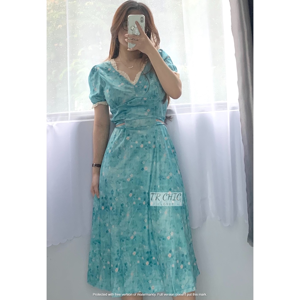 Đầm váy nữ vải lụa hoa nhí dáng dài tay ngắn phồng hai kiểu thắt eo cổ viền ren tiểu thư màu xanh cốm