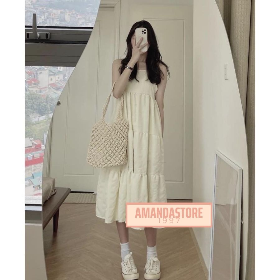 Váy 2 dây đi biển maxi, váy 2 lớp dây buộc nơ điều chỉnh siêu xinh, hai dây chất đũi xốp siêu mát