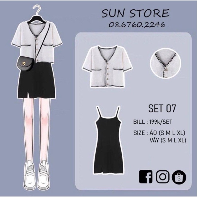 Set váy 2 dây xẻ tà chất dày và áo dệt kim,áo nữ ngắn tay cúc vàng xinh phong cách Hàn Quốc