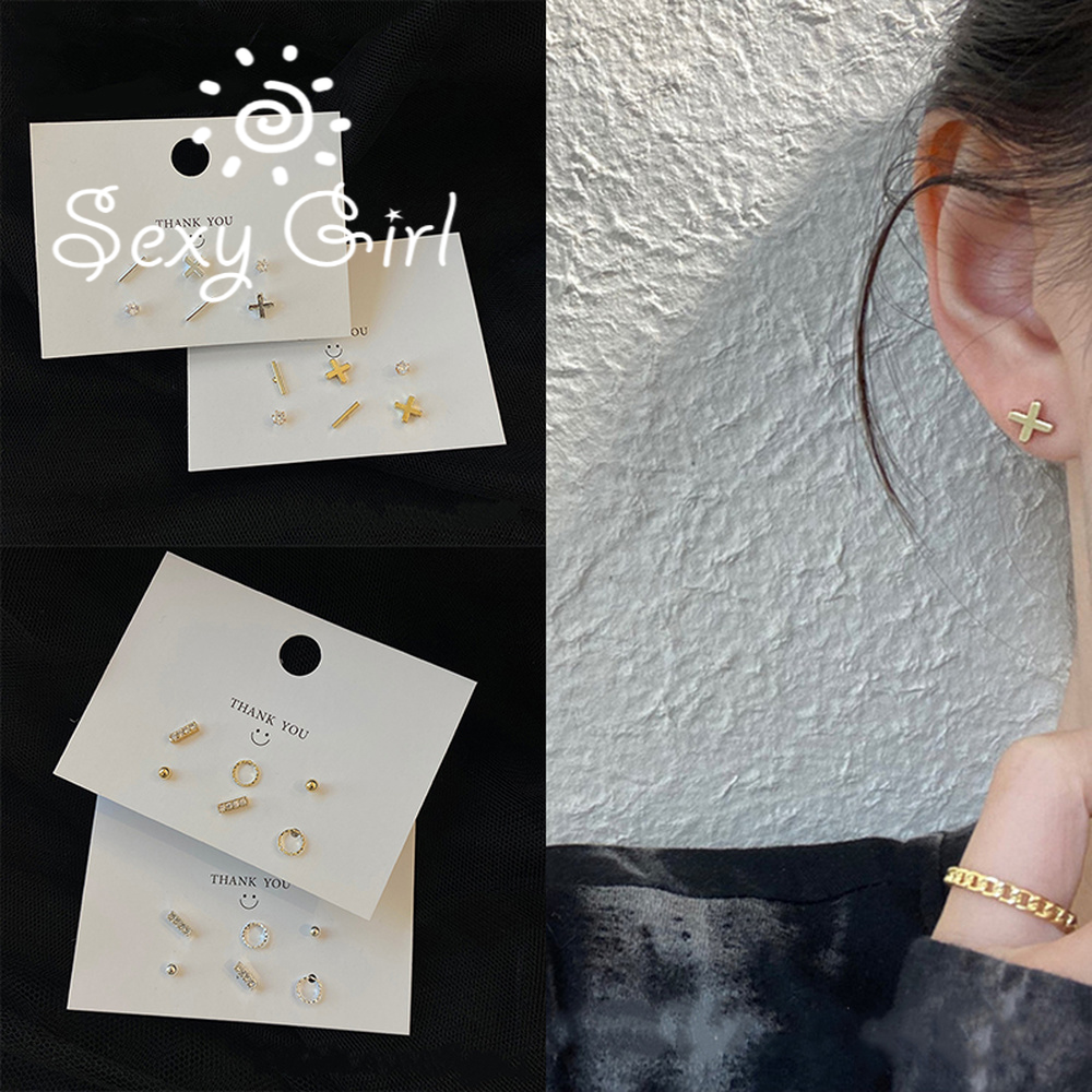 Set 3 đôi bông tai mạ bạc sterling giản đơn chống dị ứng sành điệu quyến rũ dành cho nữ 2021