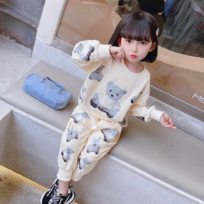 Đồ bộ bé gái Sét thu đông quần áo dài thun nỉ hình gấu cute dễ thương cho bé từ 7 đến 18 kg, SUN KID'S