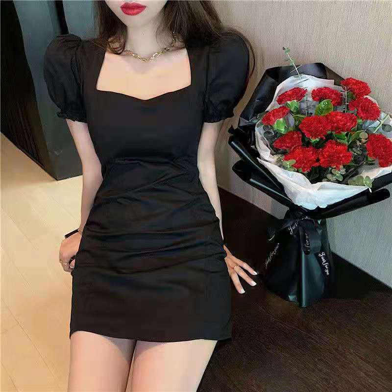 Đầm tay phồng cổ vuông màu trơn phong cách retro Pháp mùa hè