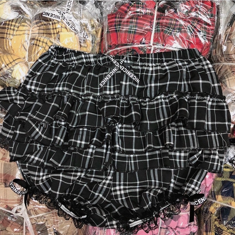 Rẻ vô địch Set Bộ Quần tầng caro đính nơ Kèm Áo Ống Trơn alohashop91