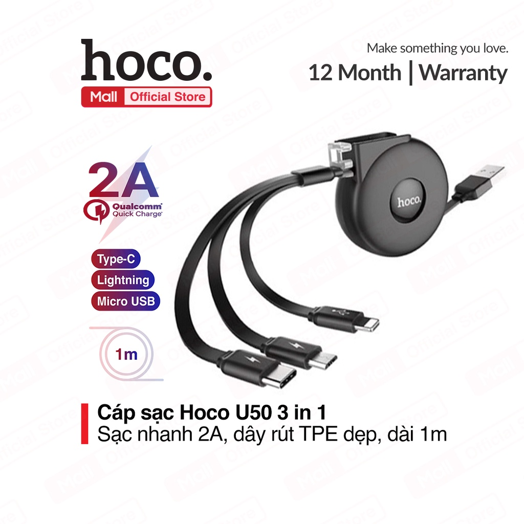 Cáp Sạc Hoco U50 3in1 Lightning + Micro USB + Type-C thiết kế dây rút tiện lợi tương thích tốt với hầu hết các thiết bị