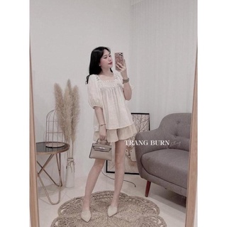 [ICB0511 giảm 25% tối đa 30k đơn 50k] Set Áo Baby Doll Chất Đũi Cổ Vuông Phối Ren Mix Quần Short Siêu Đẹp