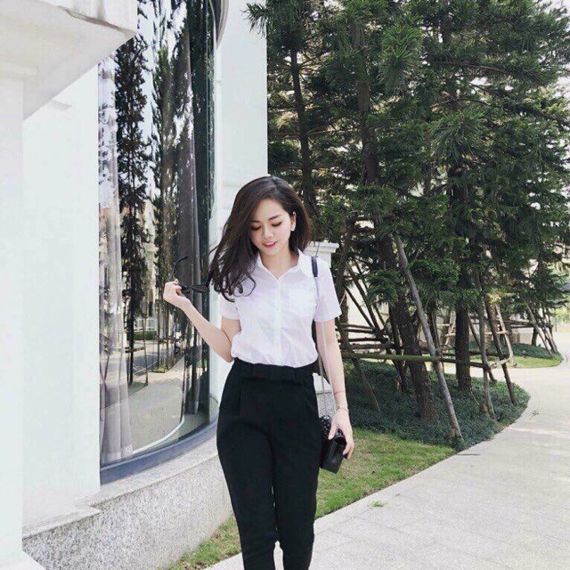 Áo sơ mi công sở nữ dáng basic ngắn tay kèm ảnh thật bốn màu trắng, hồng, xanh, đen | BigBuy360 - bigbuy360.vn