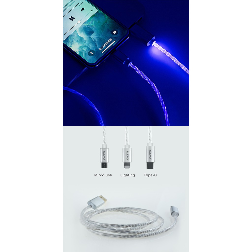 Cáp sạc nhanh 2.8A dài 1m nhựa TPE đèn LED cổng usb hợp kim dành cho các máy samsung iphone iL13 Xanh dây sạc nhanh