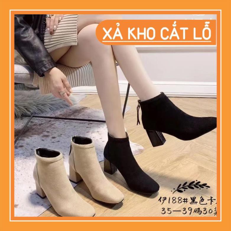 Giày Boots Nữ Cổ Thấp Cao Gót Mũi Tròn Da Lộn Phong Cách Hàn Quốc Cá Tính Size 36