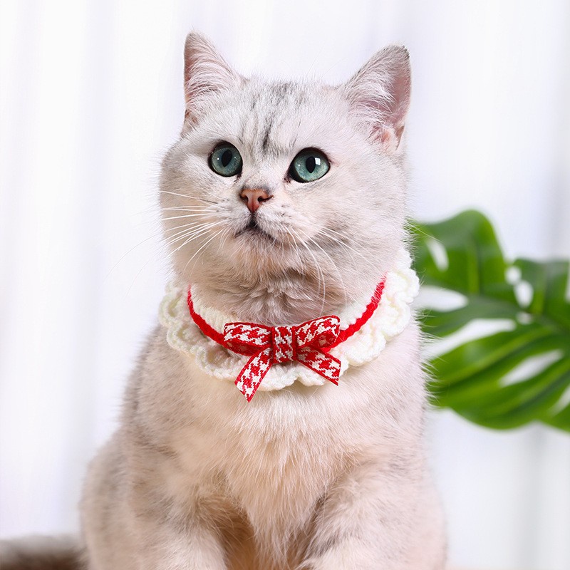 Yếm Đeo Cổ Bằng Len Đính Nơ Nhỏ Màu Sắc Tương Phản Dễ Thương Dành Cho Thú Cưng