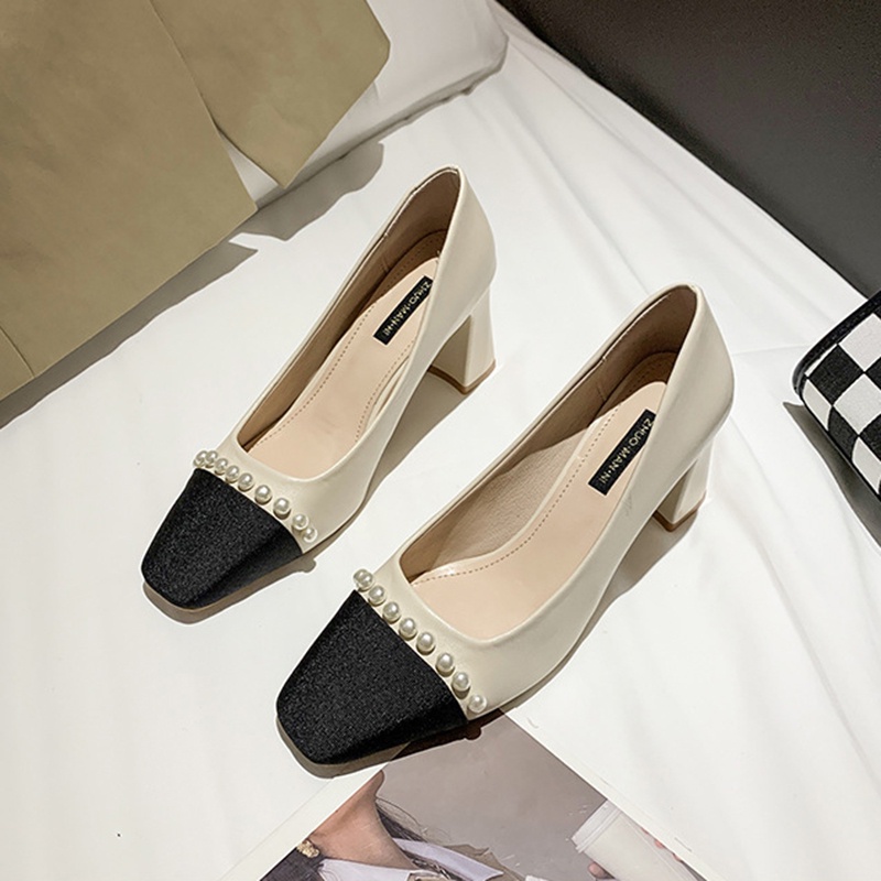 Giày cao gót IELGY mũi vuông đính ngọc trai màu sắc thời trang dành cho nữ