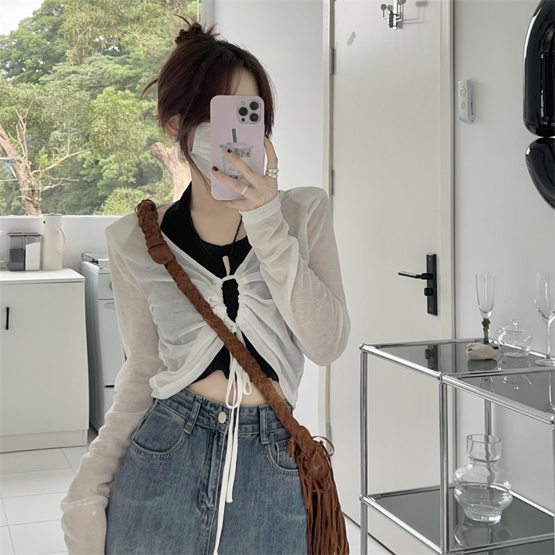 Áo Sơ Mi Tay Dài Chống Nắng Vải Lụa Lạnh Mỏng Màu Trơn Thời Trang Mùa Hè Phong Cách Hàn Quốc Cho Nữ