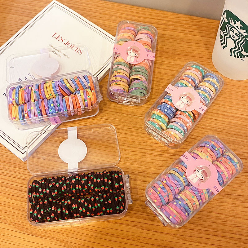 Hộp 60 Dây Buộc Tóc Cao Su Co Giãn Màu Kẹo Dễ Thương Phong Cách Hàn Quốc Dành Cho Bé Gái