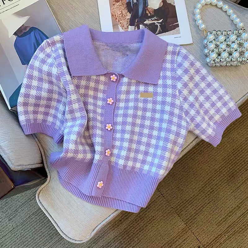 Áo phông polo crotop Forgirl xanh tím kẻ caro