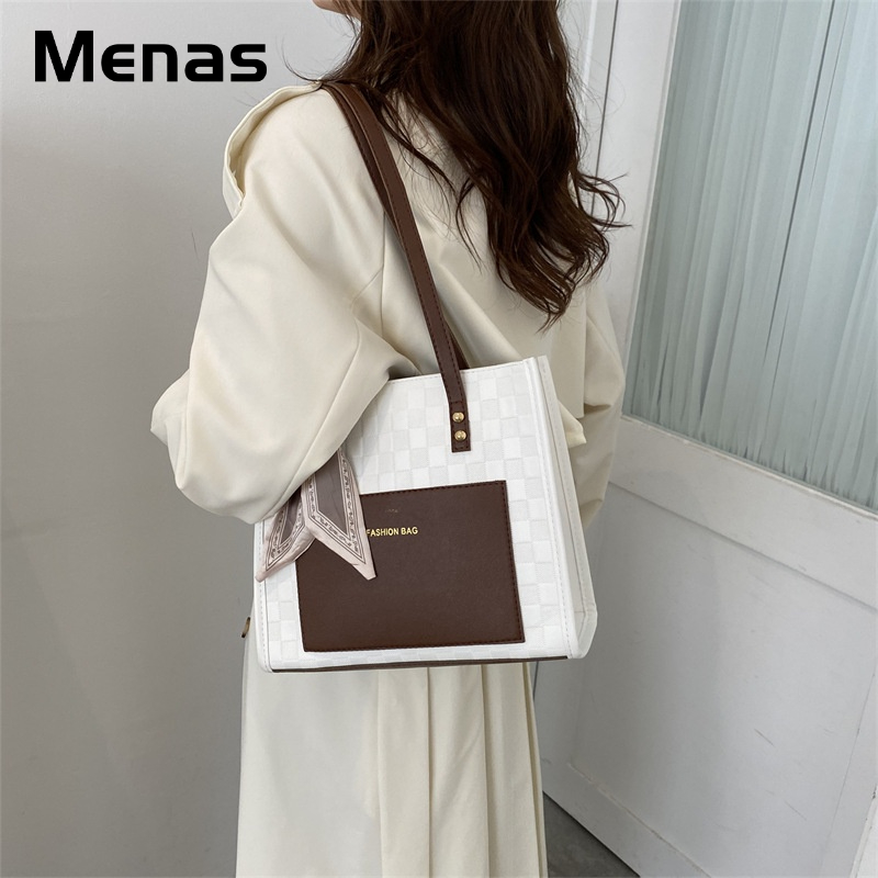 Menas Túi Xách Da PU Đeo Vai Sức Chứa Lớn Màu Tương Phản Đơn Giản Thời Trang Đa Năng