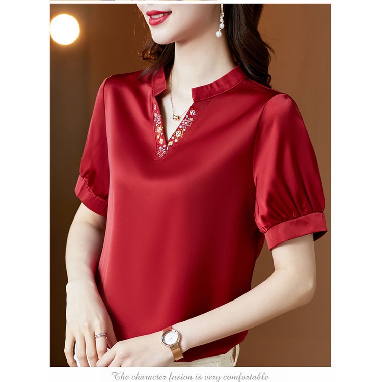 Áo Sơ Mi Voan satin Ngắn Tay Cổ Chữ V Màu Sắc Thanh Lịch Thời Trang Cho Phụ Nữ Trung Niên