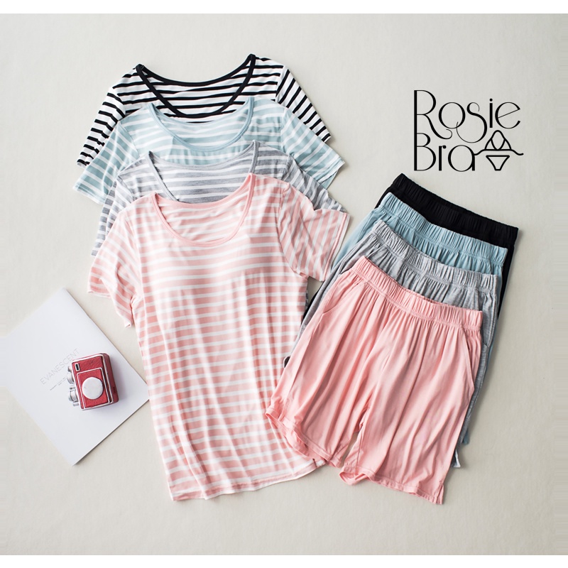 Bộ Mặc Nhà Áo Cộc Tay Có Đệm Ngực Kẻ Sọc Vải Modal Mềm Mịn Mới CT007
