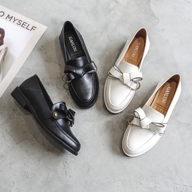 Giày Loafer Nữ Búp Bê, Giày Lười Mũi Tròn Dẻo Da Mềm Trang Trí Nơ Xinh Xắn