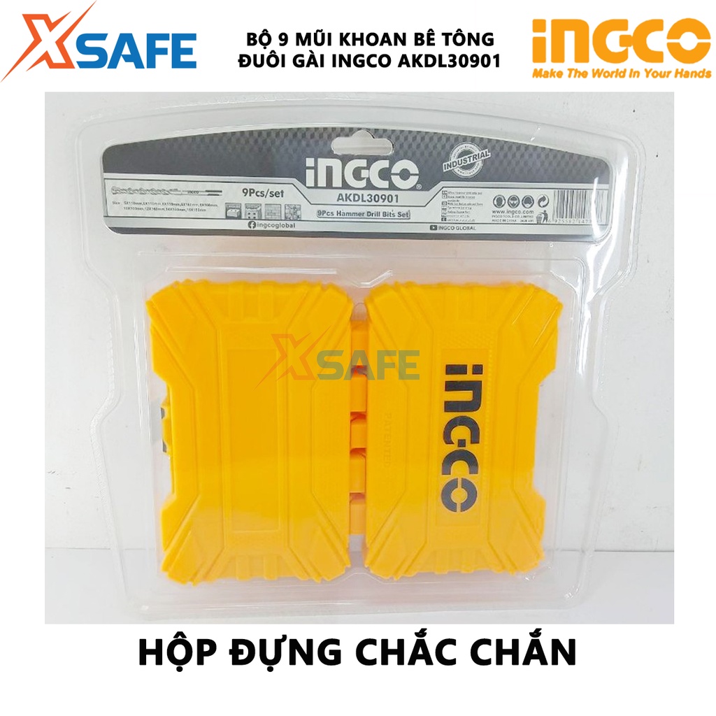 Bộ 9 mũi khoan bê tông đuôi gài INGCO AKDL30901 Bộ mũi khoan 9 chi tiết SDS Plus, đóng gói bằng vỉ kép