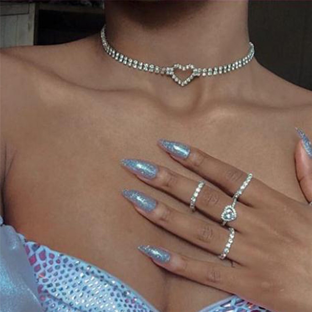 Vòng cổ choker mặt hình trái tim đính đá toàn bộ thời trang