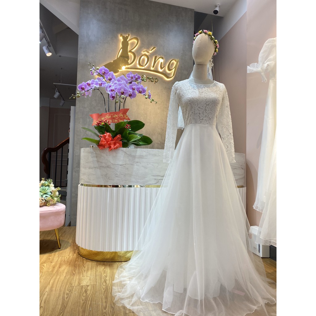 Đầm cưới Áo ren phối lưới hở lưng DC564