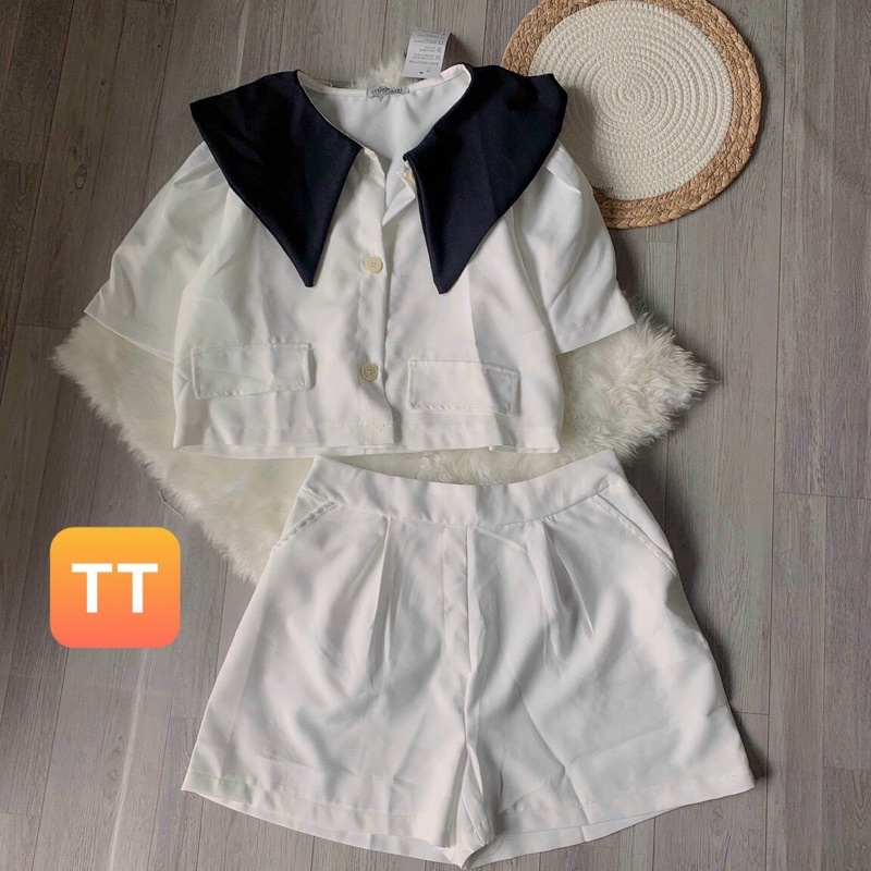 set vest áo crotop cổ sen quần sort
