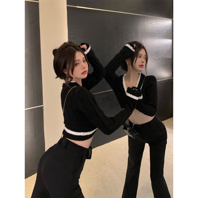 Áo len tay dài cổ chữ V màu sắc tương phản thời trang dành cho nữ