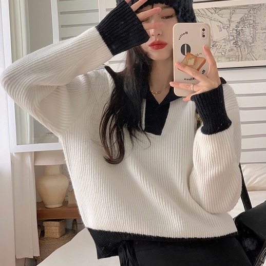 Áo polo ZHELIHANGFEI dệt kim tay dài dáng rộng dễ phối đồ