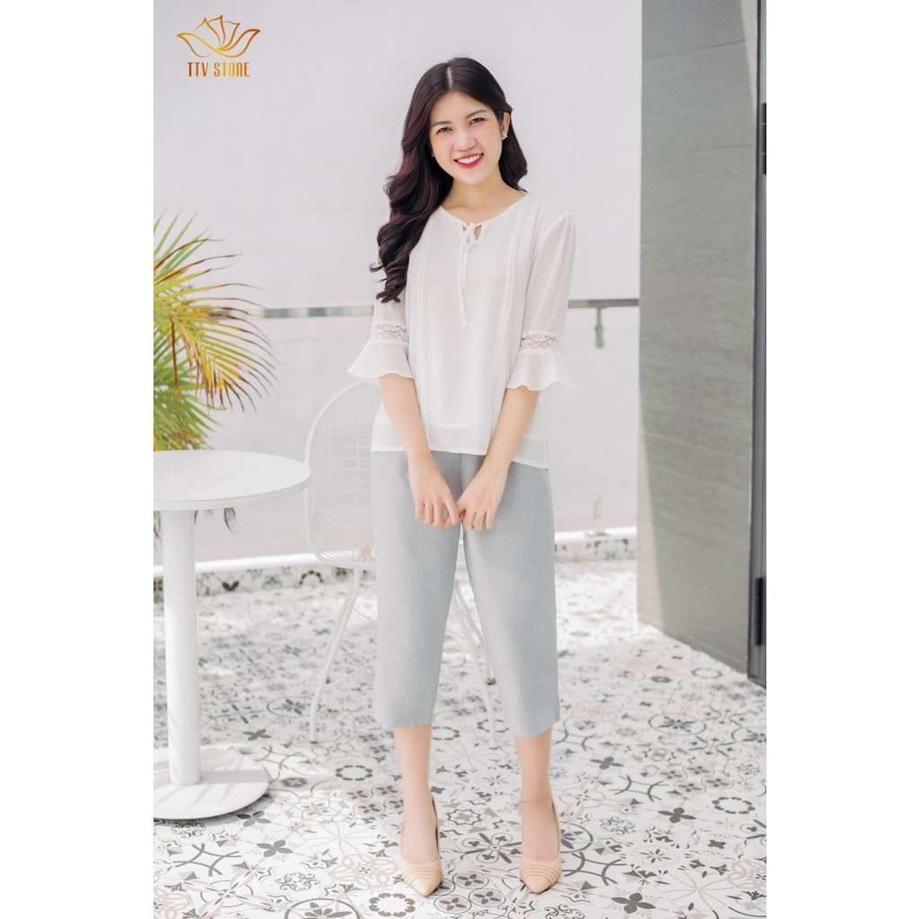 Áo somi cao cấp cổ tròn cột nơ tay lỡ trắng TTV583