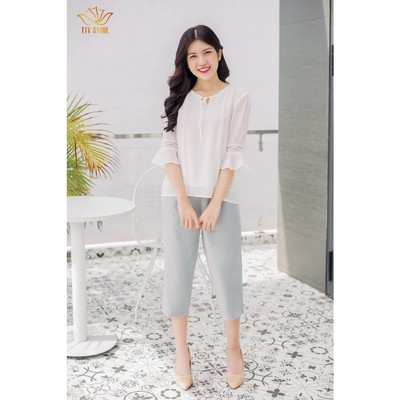 Áo somi cao cấp cổ tròn cột nơ tay lỡ trắng TTV583