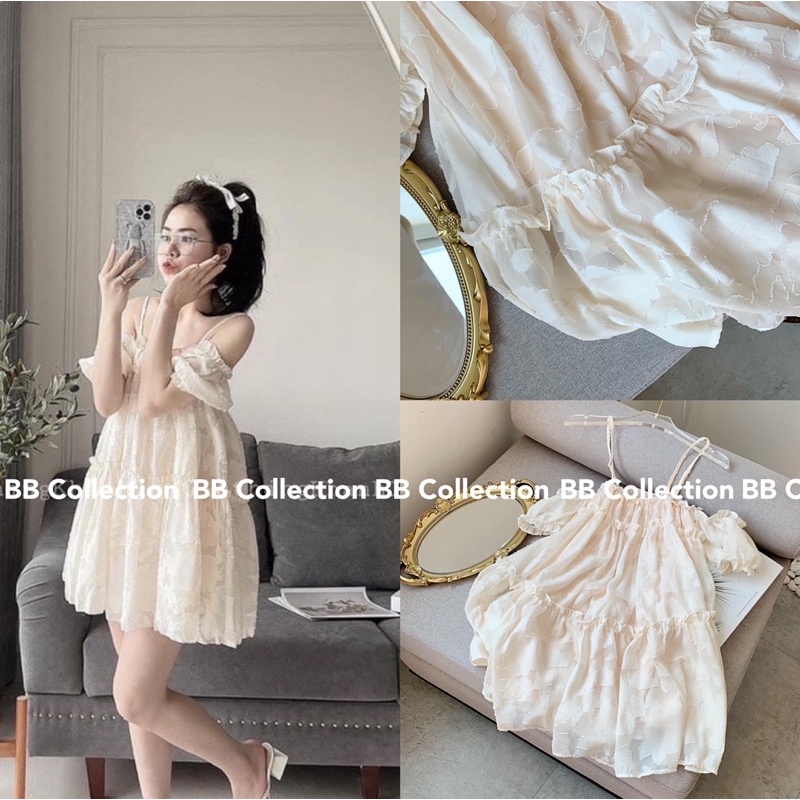 Váy babydoll 2 dây trễ vai hoạ tiết hoa nổi xinh xắn