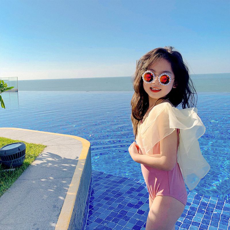 Bộ Đồ Bơi Một Mảnh Hai Dây Viền Lưới Phong Cách Phương Tây Kèm Nón Cho Bé Gái