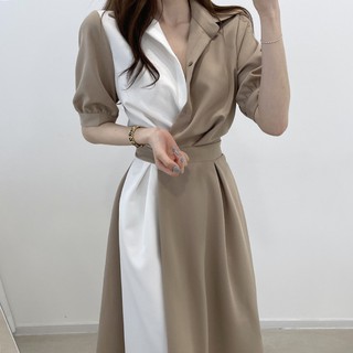 Đầm sơ mi hai màu thắt eo