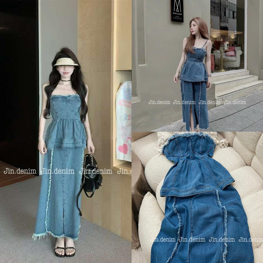 Đầm váy bò 2 dây,váy cúp ngực body, váy bò quây peplum dáng dài ôm body quyến rũ sexy, váy đầm bò jean denim cao cấp 024