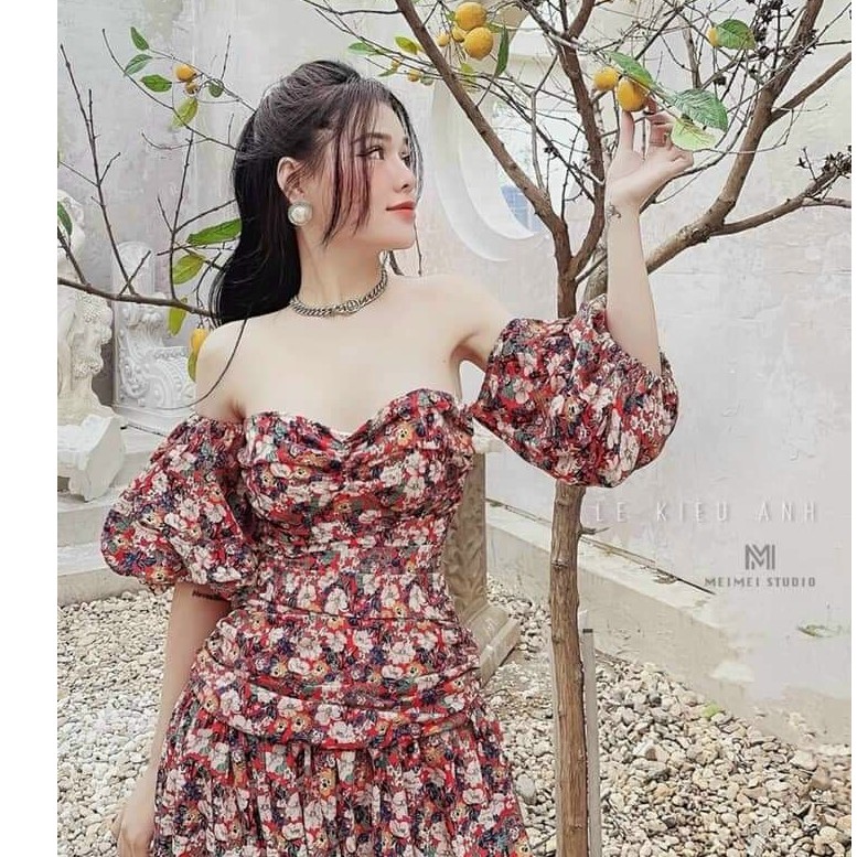 Đầm trễ vai cúp ngực tay phồng họa tiết hoa có mút ngực | BigBuy360 - bigbuy360.vn