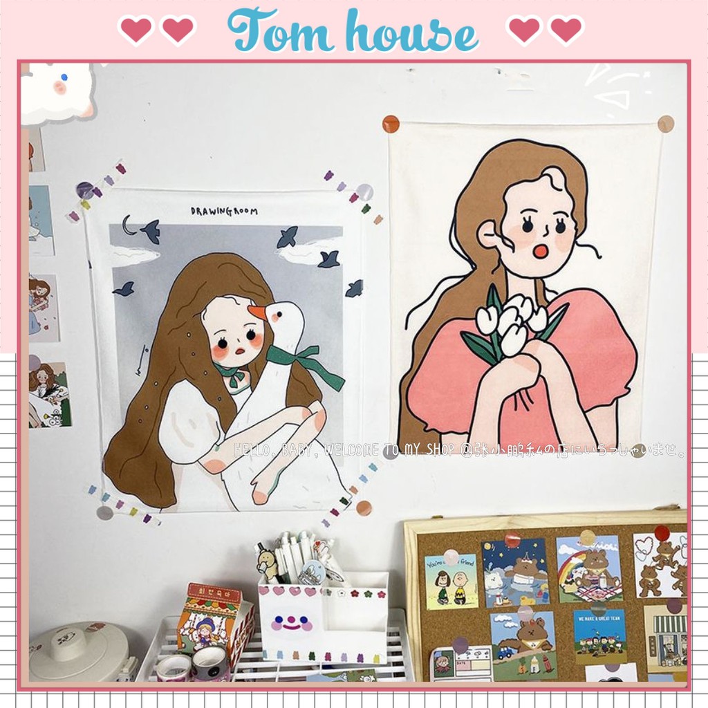 Tranh vải treo tường trang trí họa tiết cô gái tóc dài nâu in sáng tạo độc đáo Tom House