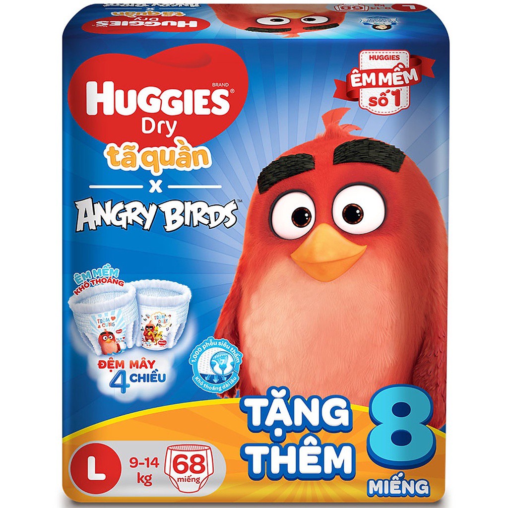 Tã quần Huggies Angry Birds Cực đại 68 miếng Jumbo L68 tặng kèm 8 miếng